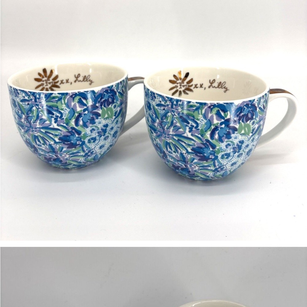 2 Lilly Pulitzer Mugs Blue Floral Gold White Coffee Tea Cups 12oz Ceramic